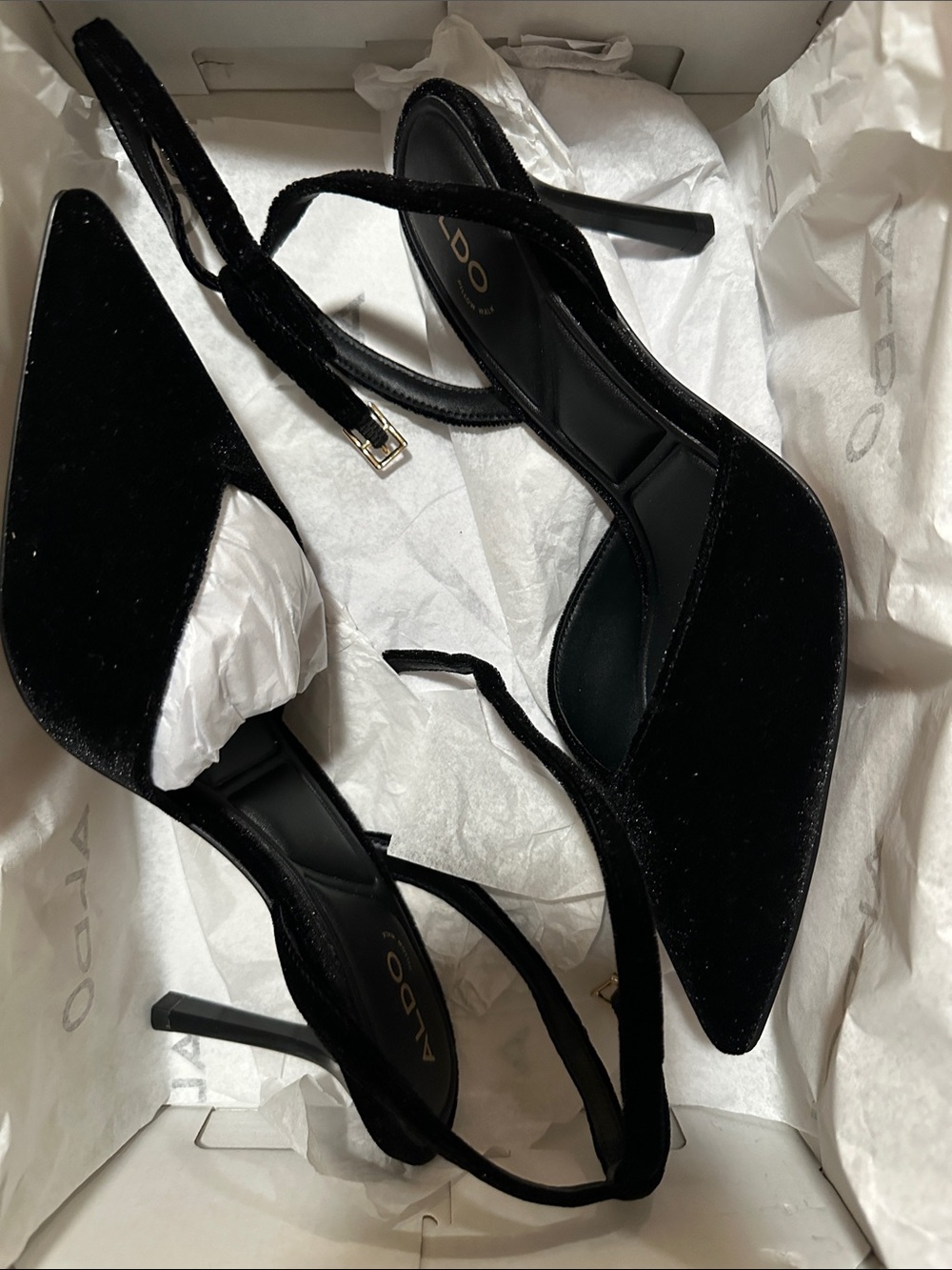 Aldo Black Velvet Pointed Slingback Stiletto Heels